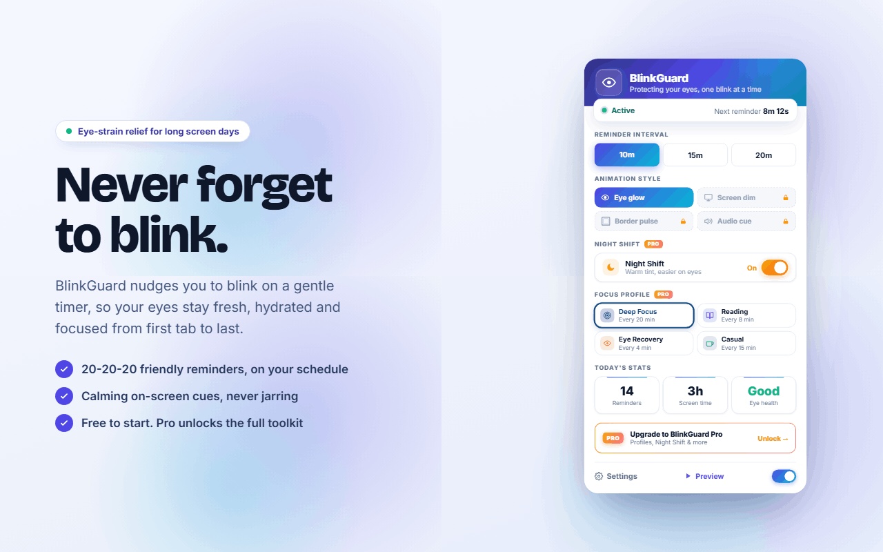 The BlinkGuard popup, showing reminder interval, cue styles and today's eye health stats