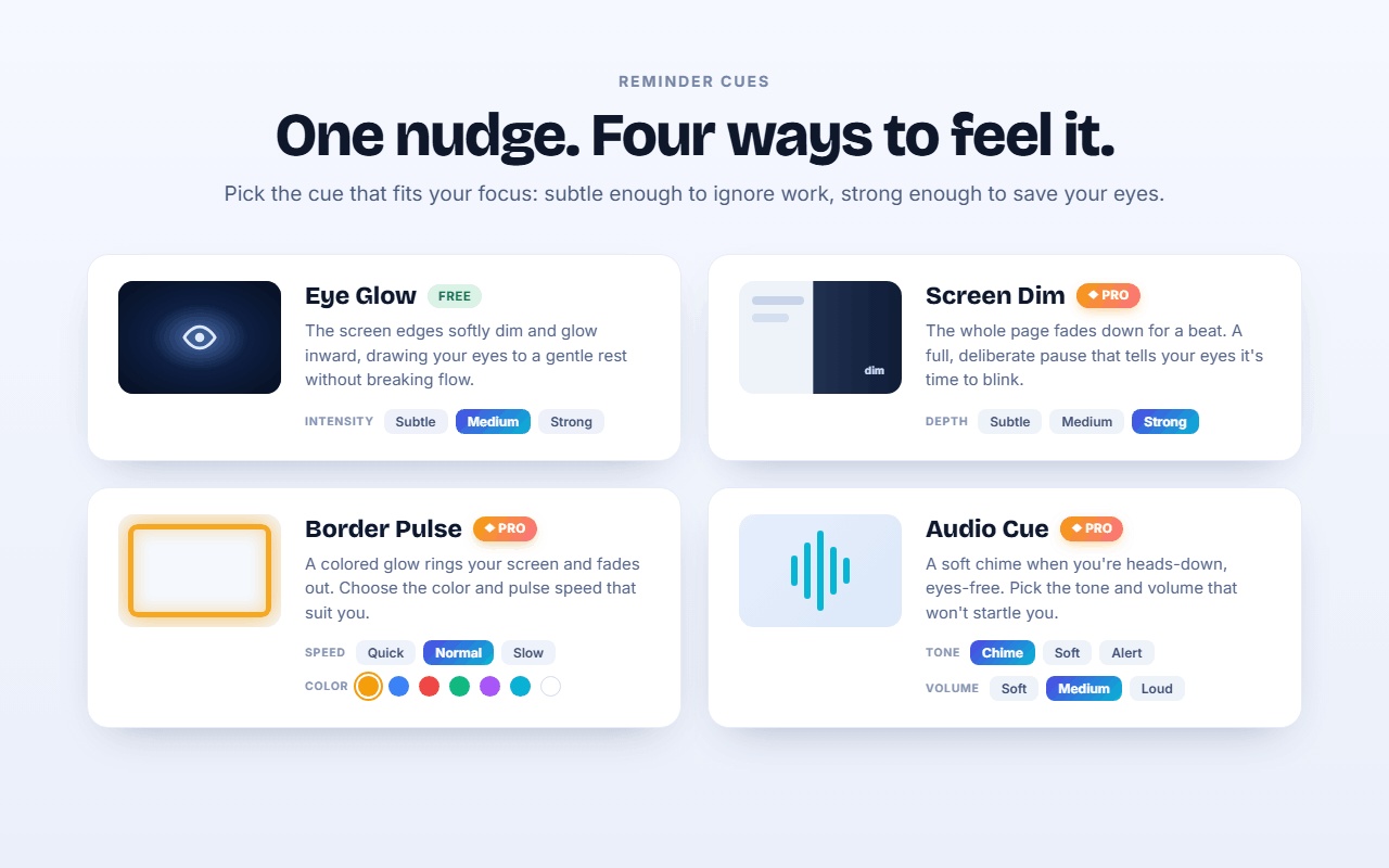 Four reminder cues to choose from: eye glow, screen dim, border pulse and audio chime